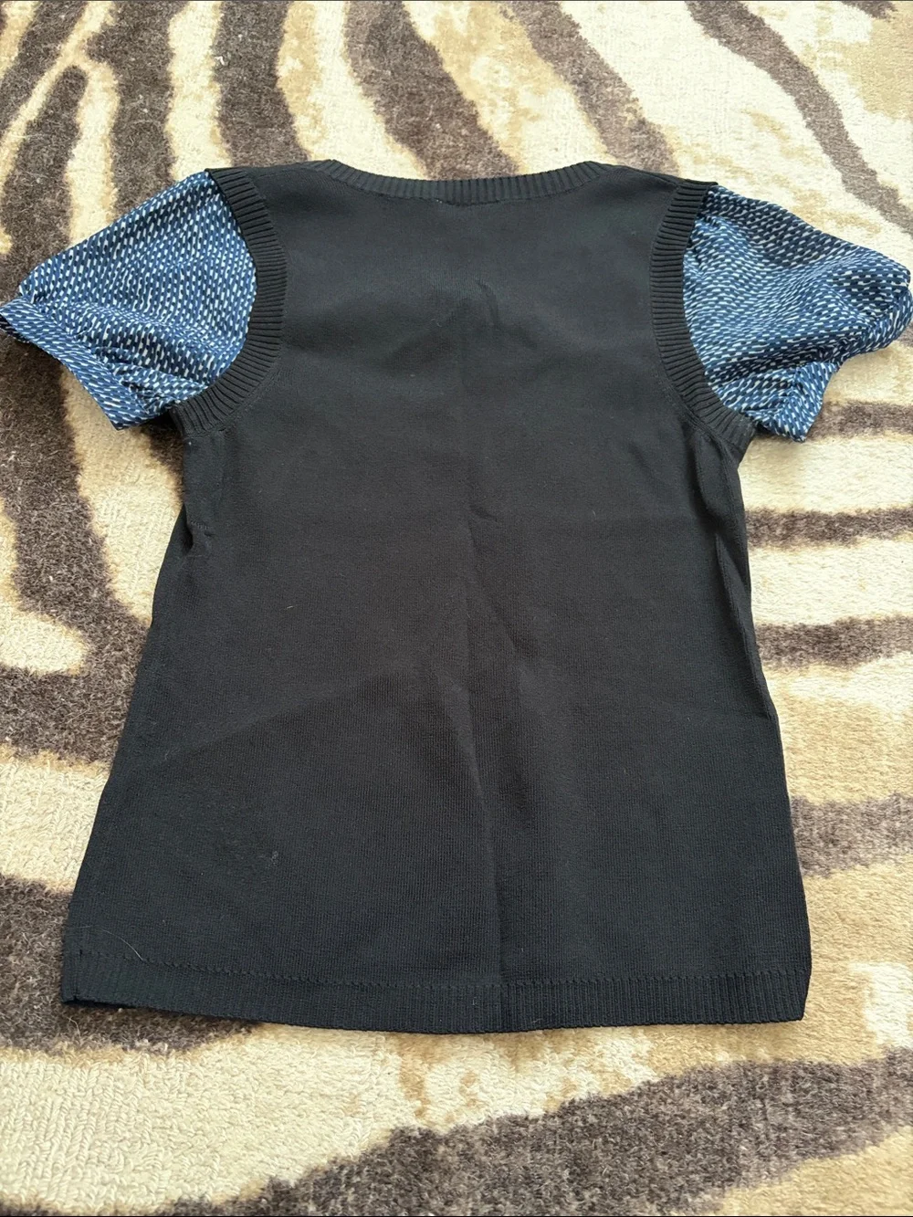 LOFT Black Knit Top with Blue Tie-Neck and Short Sleeves